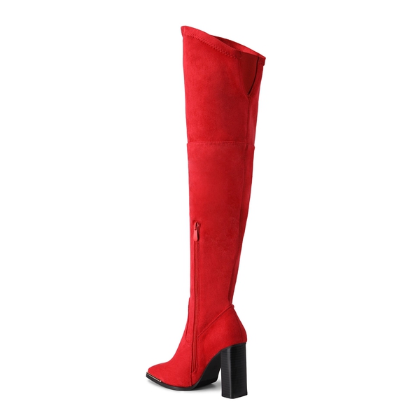 Square Toe High Heel Over The Knee Boots - RED SUEDE - 3